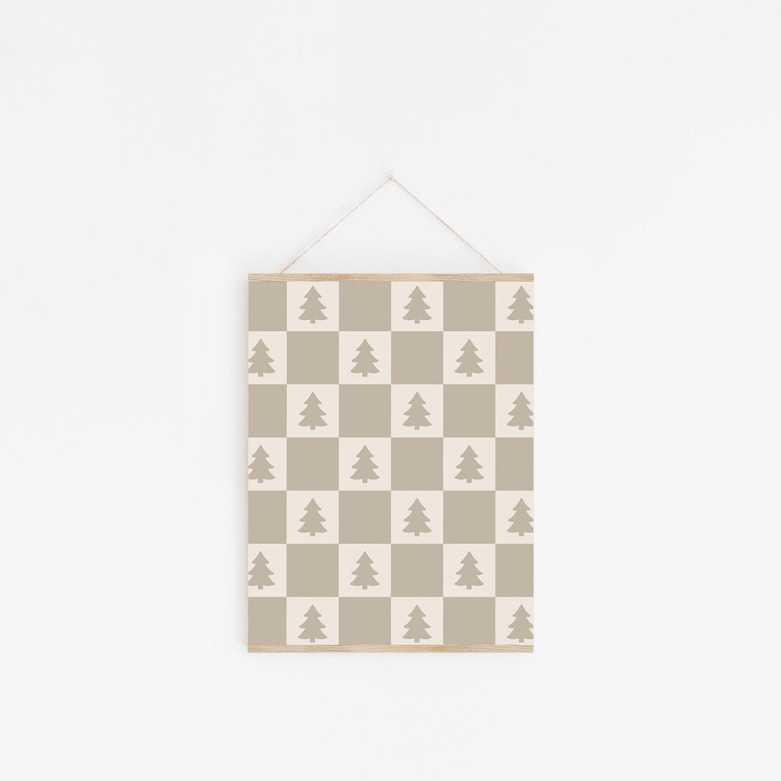 Neutral Checkered Christmas Trees Beige Farmhouse Holiday Art Print - Image 2