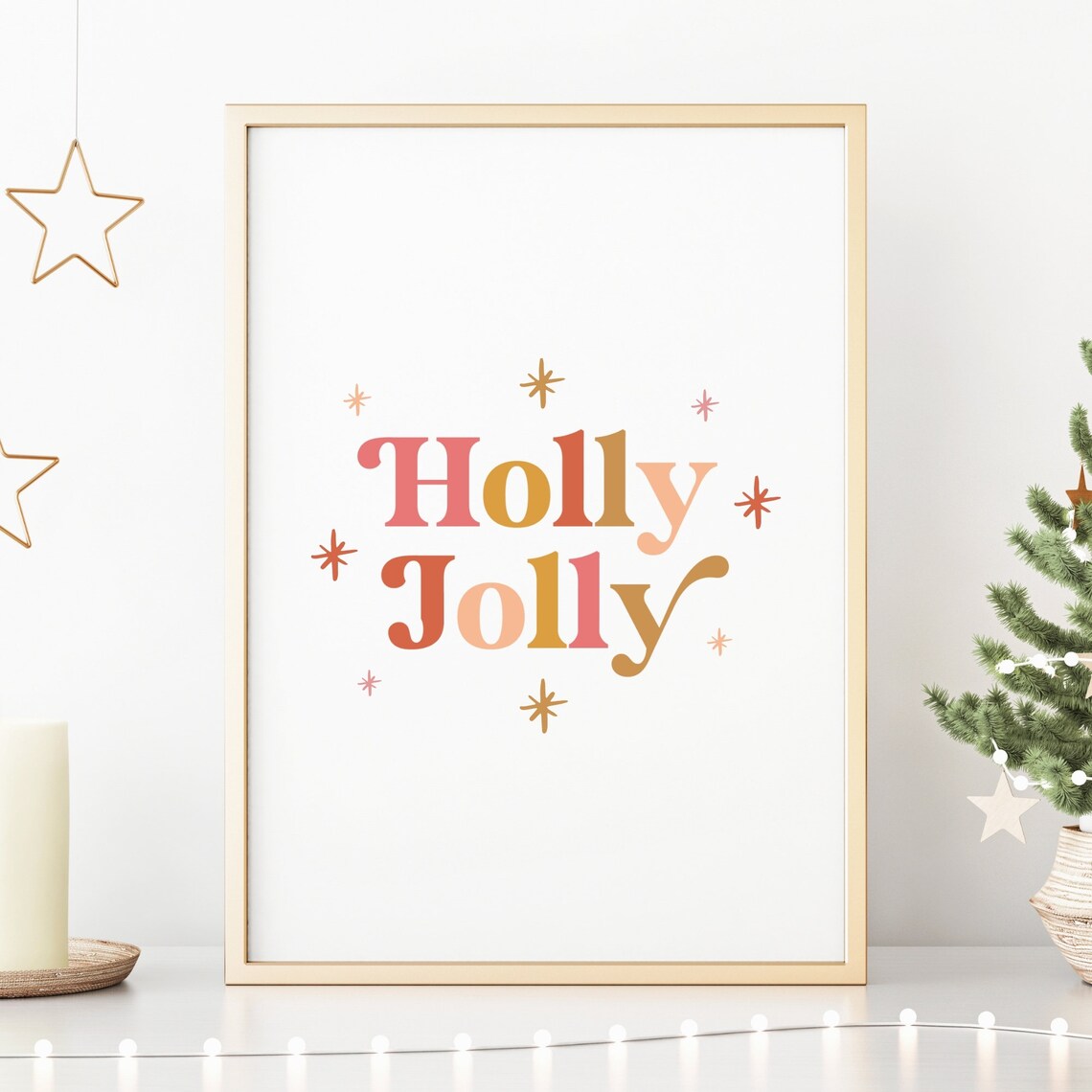 Holly Jolly Boho Christmas Print Pink Gold Typography Holiday Wall Decor - Image 3