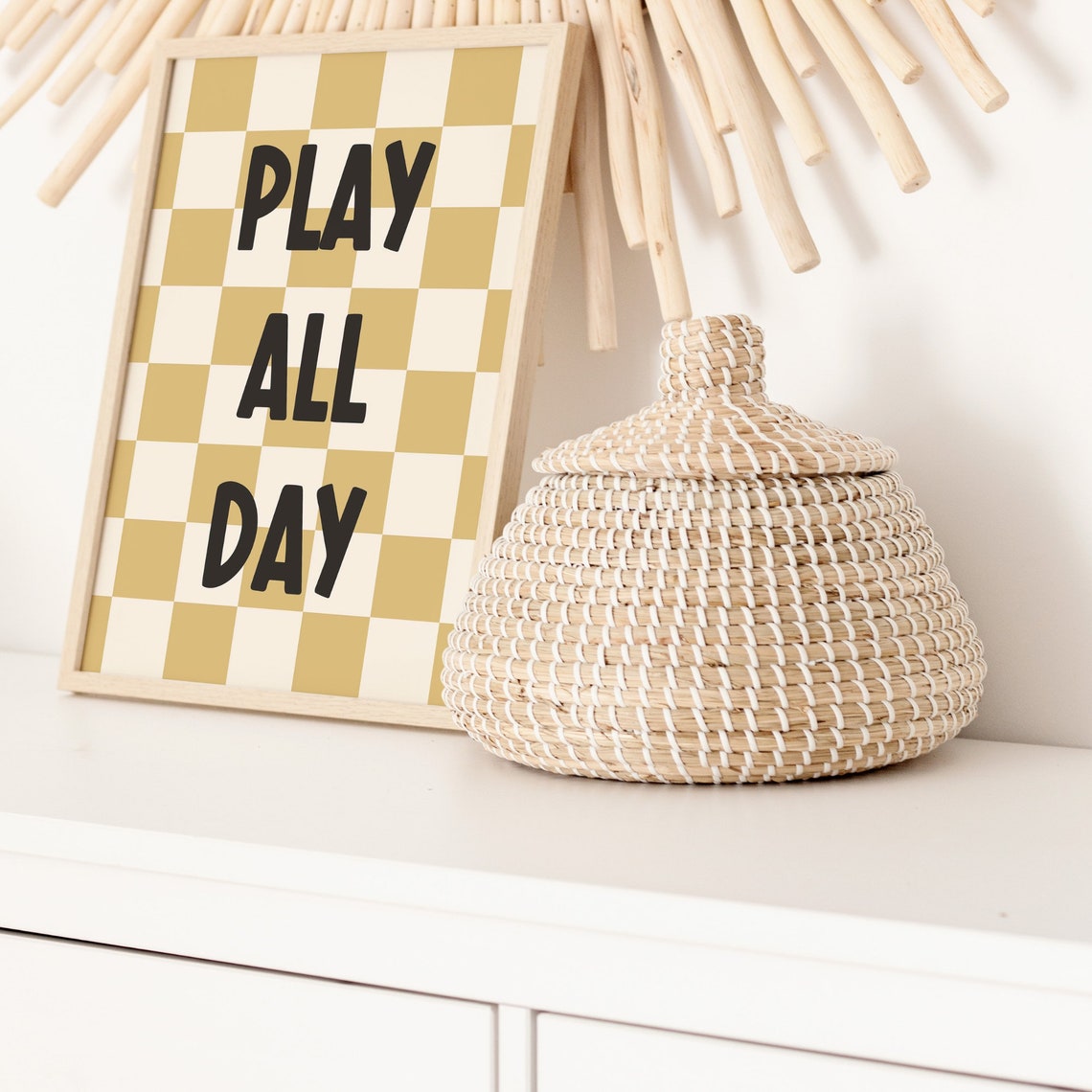 Play All Day Bold Tan Checkered Kids Playroom Decor Quote Poster - Image 2