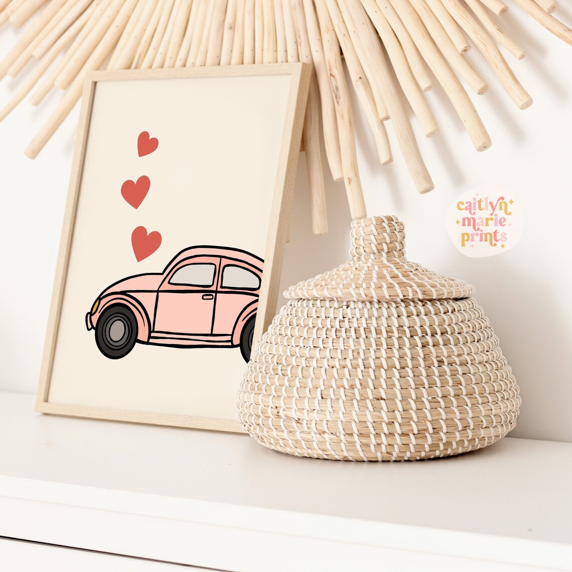 Pink Volkswagen Beetle With Hearts Cute Valentines Day Poster - Image 2