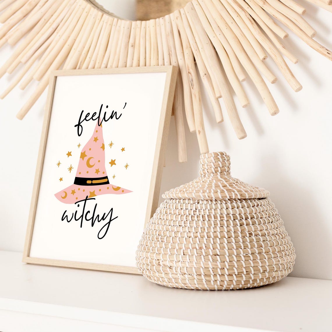 Feelin Witchy Pink Witch Hat Gold Stars Script Halloween Art Poster - Image 2