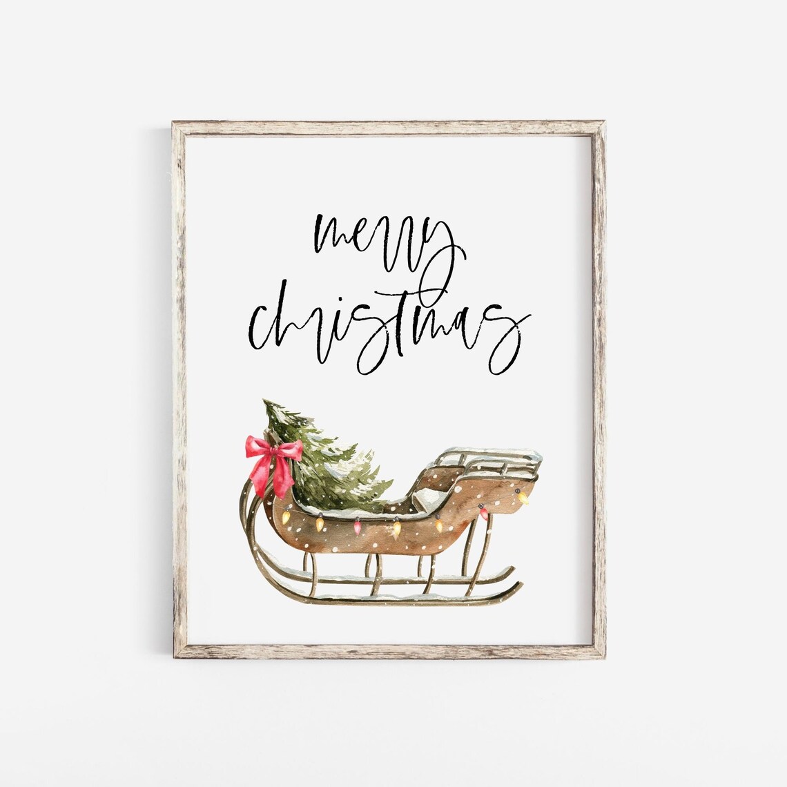 Merry Christmas Calligraphy Wall Art Watercolor Sleigh Holiday Tree Decor
