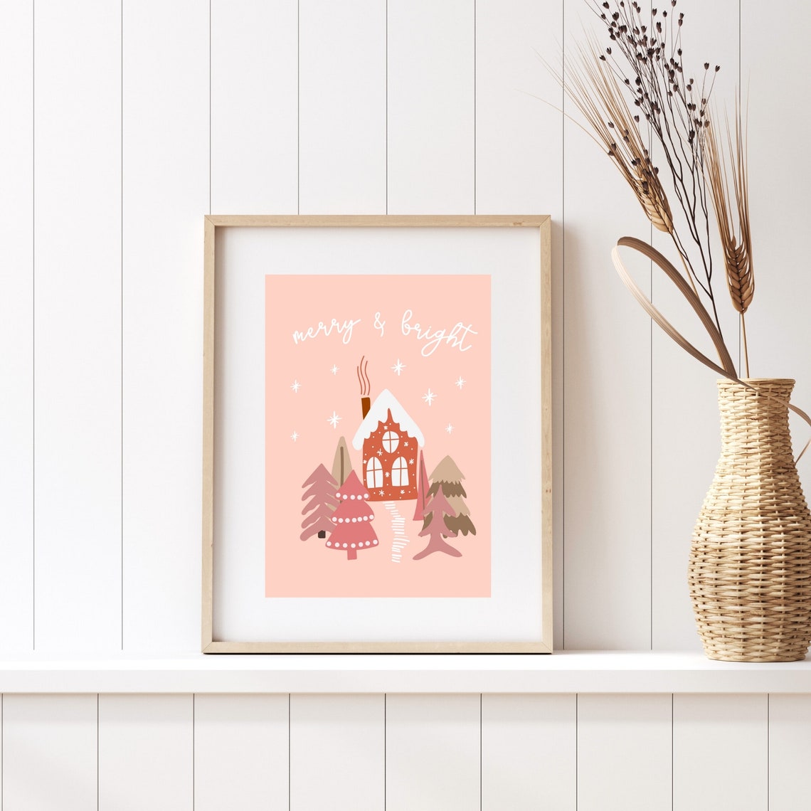Merry And Bright Pink Christmas House Holiday Nursery Art Poster - Image 3