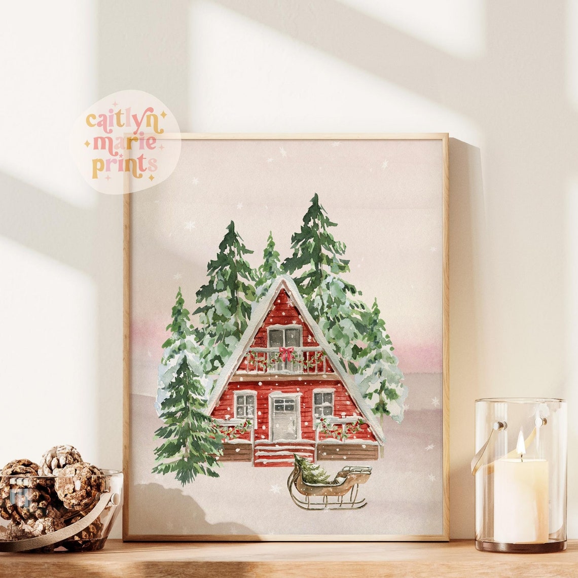 Red A Frame Christmas Cabin Watercolor Sled Snowy Pines Poster - Image 2