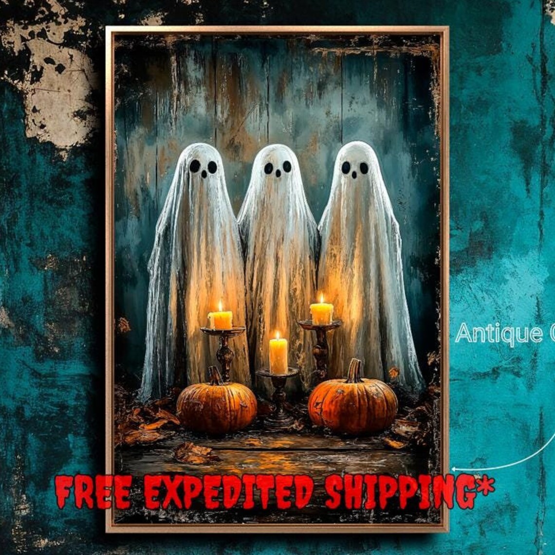 Spooky Ghosts With Candles and Pumpkins Gothic Art Print