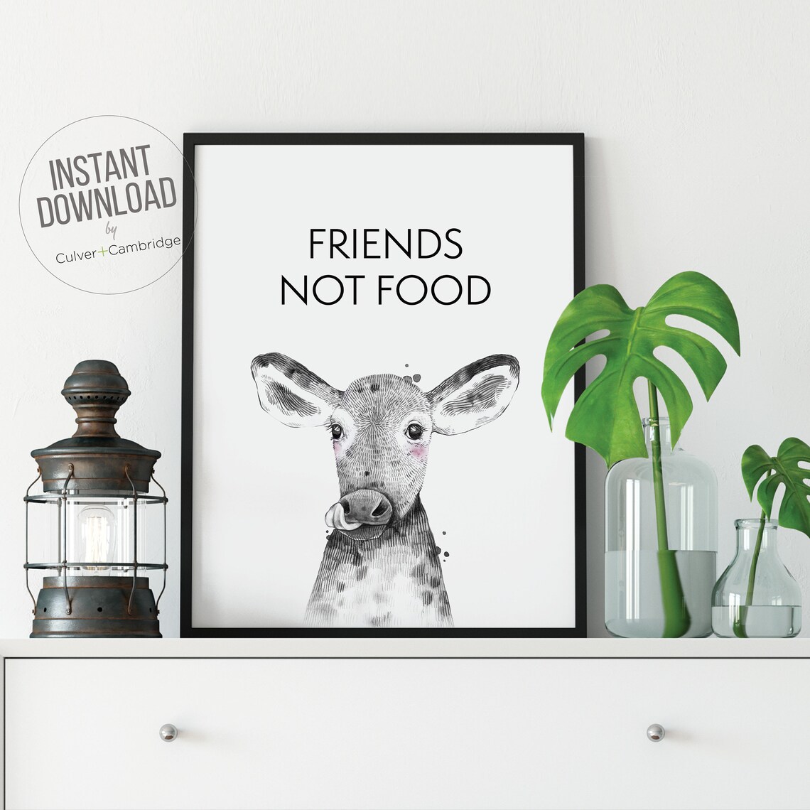 Vegan Art Friends Not Food Vegan Print Vegan Wall Art Vegan Wall Decor Vegan Poster Cow Art Calf Art - Image 2