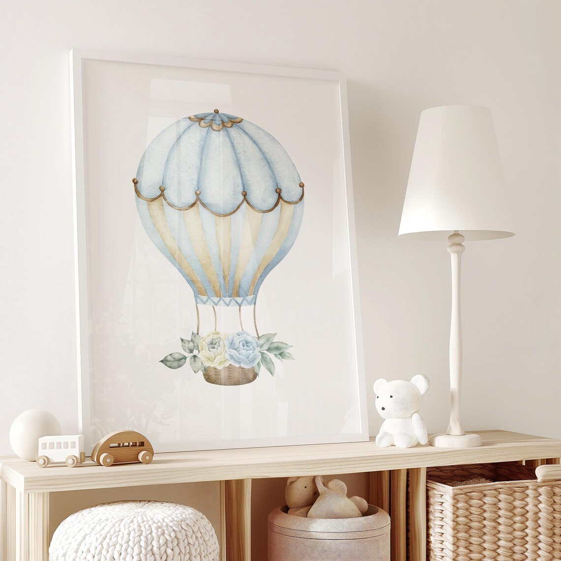 Blue And Gold Floral Hot Air Balloon Watercolor Nursery Wall Poster - Image 2
