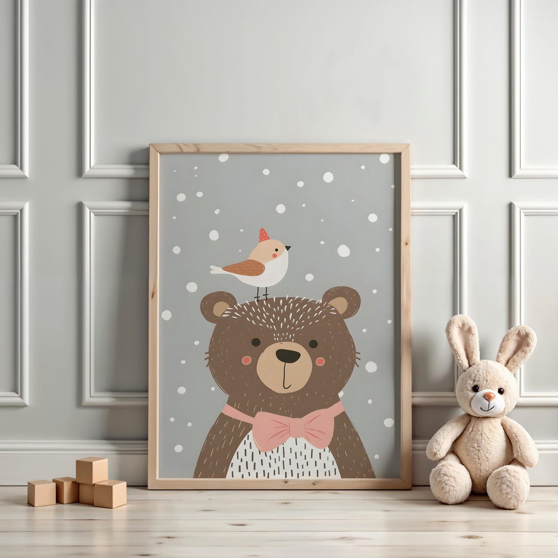 Cozy Brown Bear in Pink Bow Tie With Bird on a Snowy Day Poster - Image 3