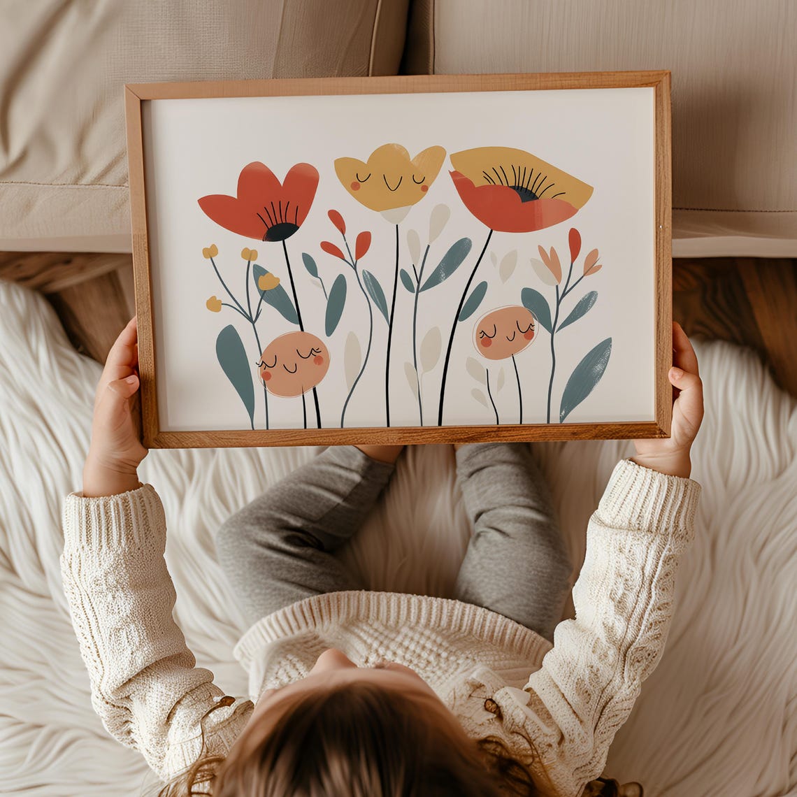 Smiling Poppy Flowers Meadow Modern Playful Kids Wall Decor Poster - Image 3
