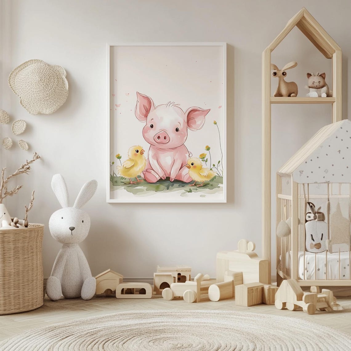 Pink Piglet Snuggling With Two Yellow Chicks in Flowers Poster - Image 4