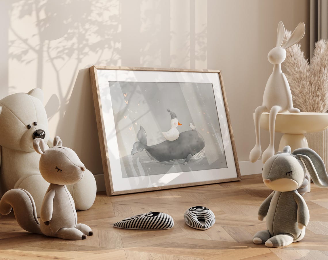 Whale Duck And Bird Gray Watercolor Whimsical Nursery Wall Poster - Image 4
