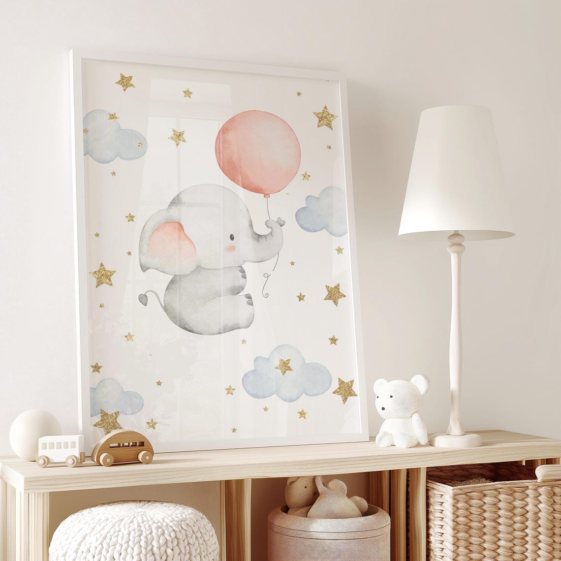 Baby Elephant Holding A Pink Balloon Starry Night Nursery Poster - Image 2