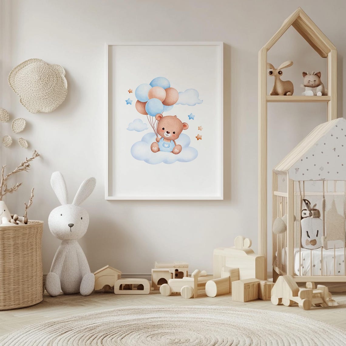 Teddy Bear On Cloud Holding Balloons Watercolor Nursery Wall Poster - Image 4
