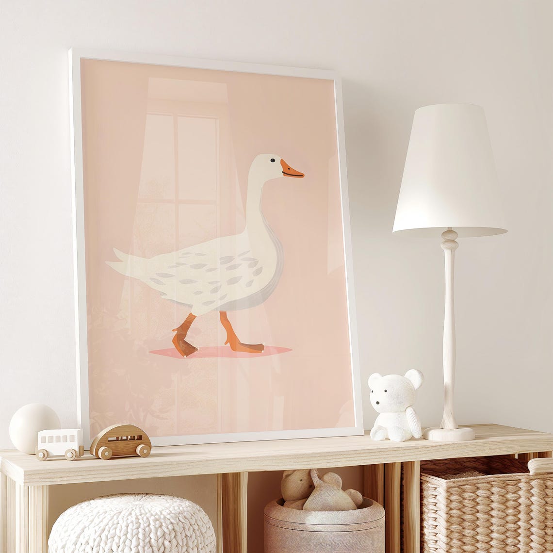 Solo Silly White Goose Strutting on a Blush Pink Background Poster - Image 2