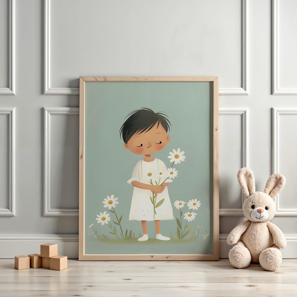 Little Girl Holding Daisies Cute Illustration Kids Room Wall Poster - Image 3