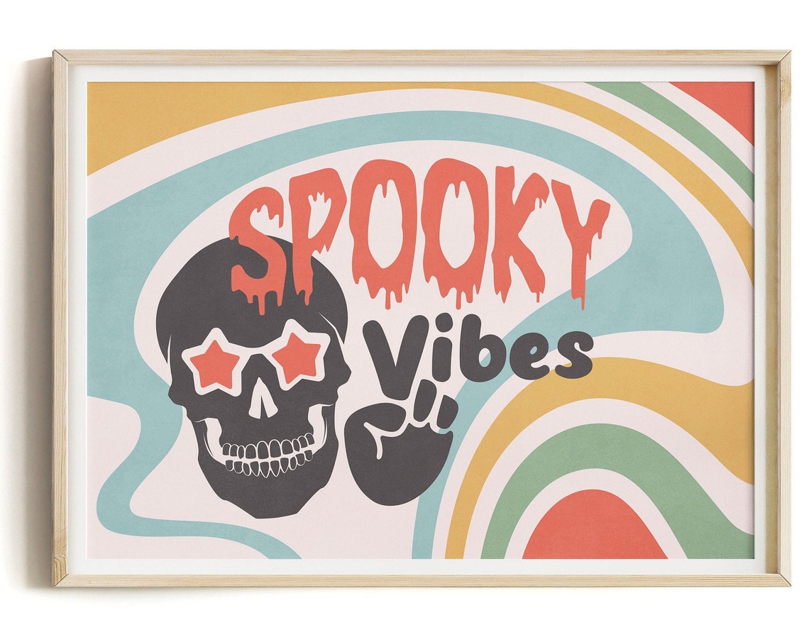 Spooky Vibes Retro Rainbow Skull Star Shades Halloween Canvas Print - Image 3