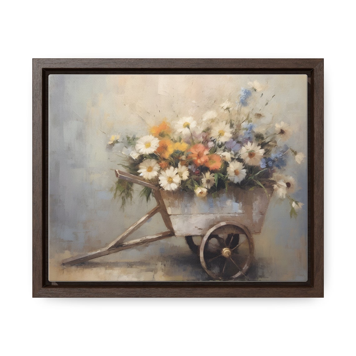Rustic Wooden Wheelbarrow Overflowing with Wildflowers Poster