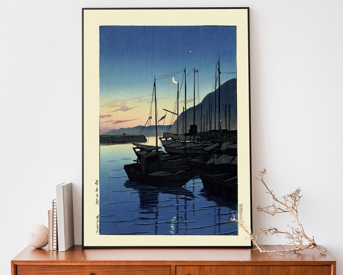 Japanese Harbor Dusk Fishing Boats Crescent Moon Woodblock Poster