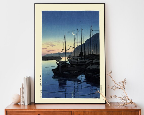 Japanese Harbor Dusk Fishing Boats Crescent Moon Woodblock Poster