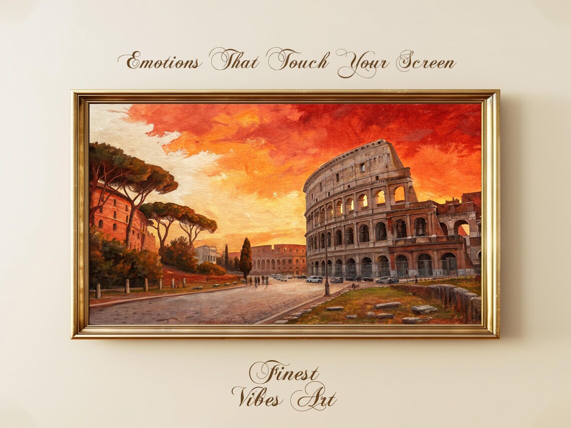 Colosseum Sunset Poster Rome Italy Landmark Oil Painting Style Art