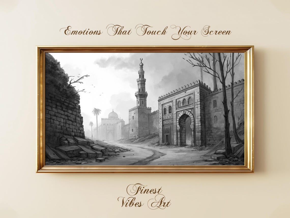 Ancient Islamic Architecture Poster Mosque Minaret Black White Art