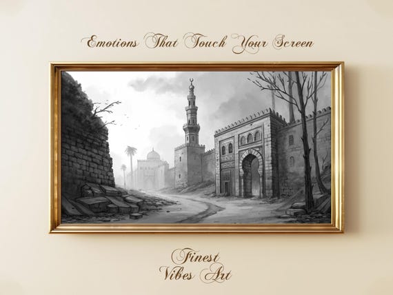 Ancient Islamic Architecture Black White Art For Frame Tv Historic Mosque Minaret Landscape