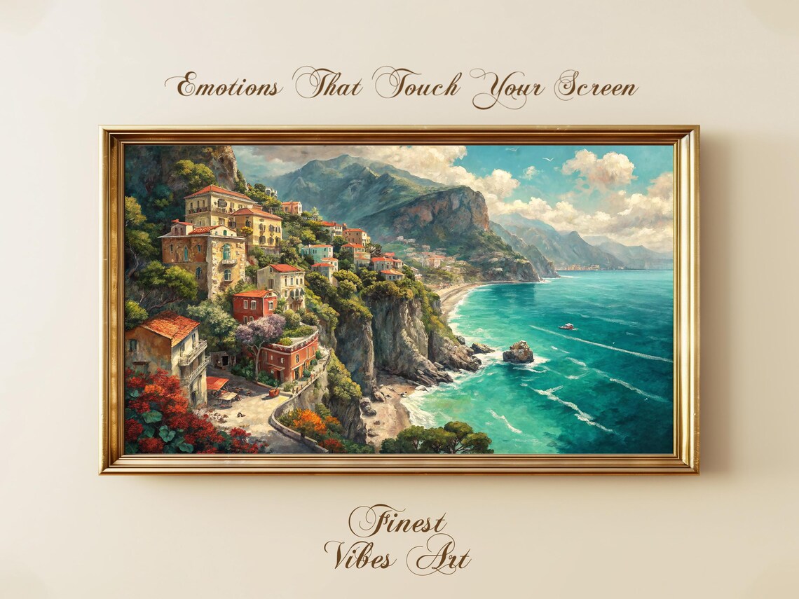 Mediterranean Cliffside Village Turquoise Sea Coastal Painting Poster
