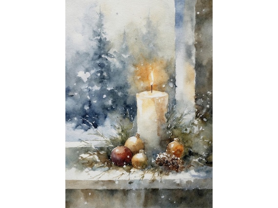 Christmas Candle Glowing Window Snowy Still Life Watercolor Art Print