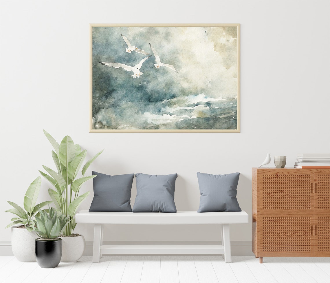 Seagulls Flying Over Stormy Sea Waves Watercolor Bird Art Print - Image 2