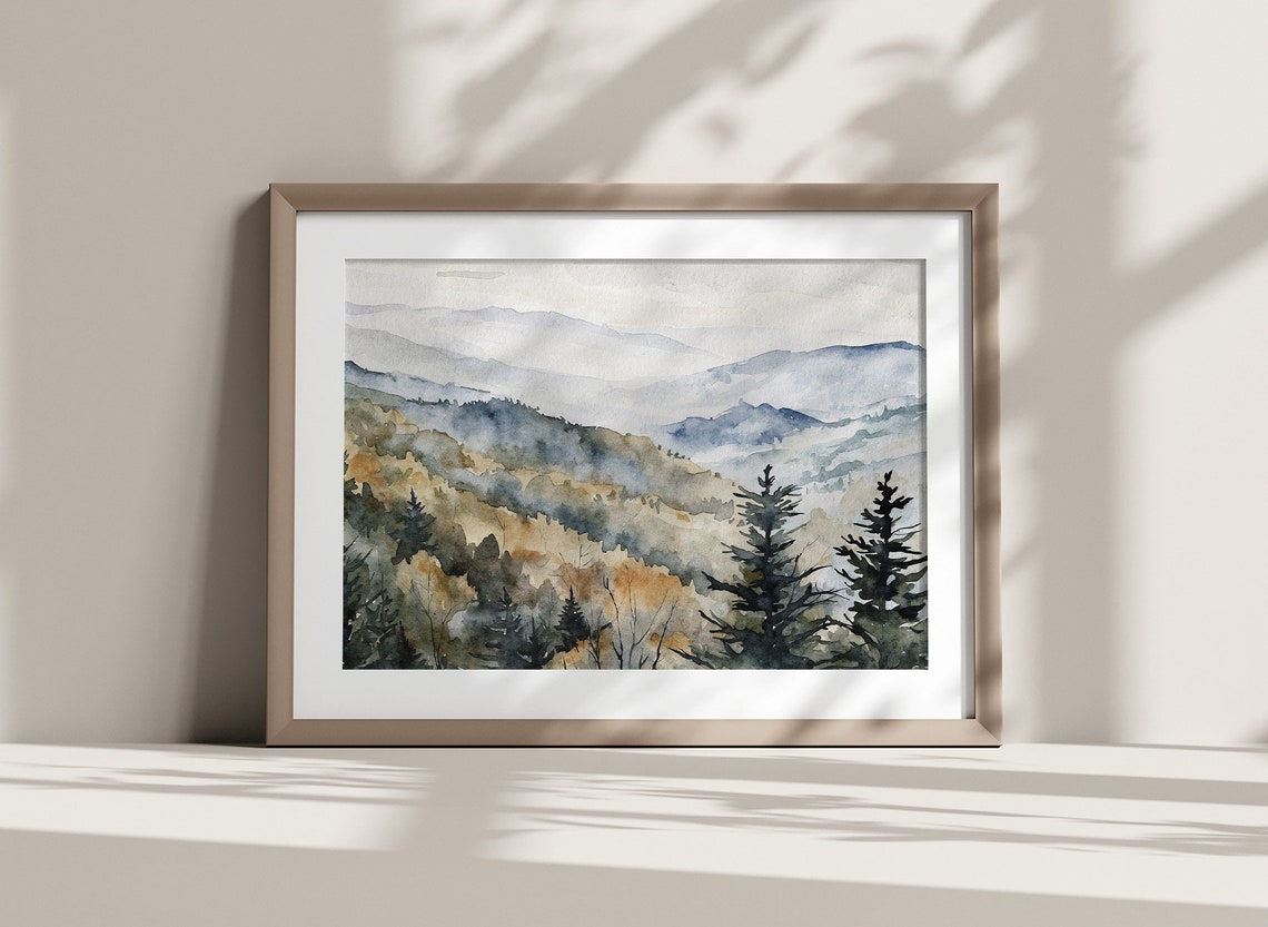 Smoky Mountains Blue Ridge Layered Peaks Mist Watercolor Art Poster - Image 2