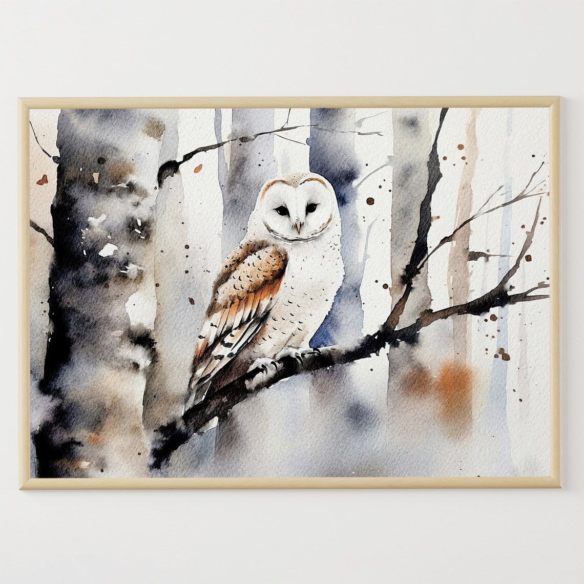 White Owl Watercolor Art Print, Winter Forest