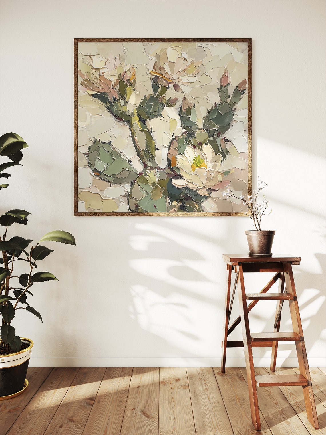 Flowering Prickly Pear Cactus White Blossoms Textured Oil Art Print - Image 4