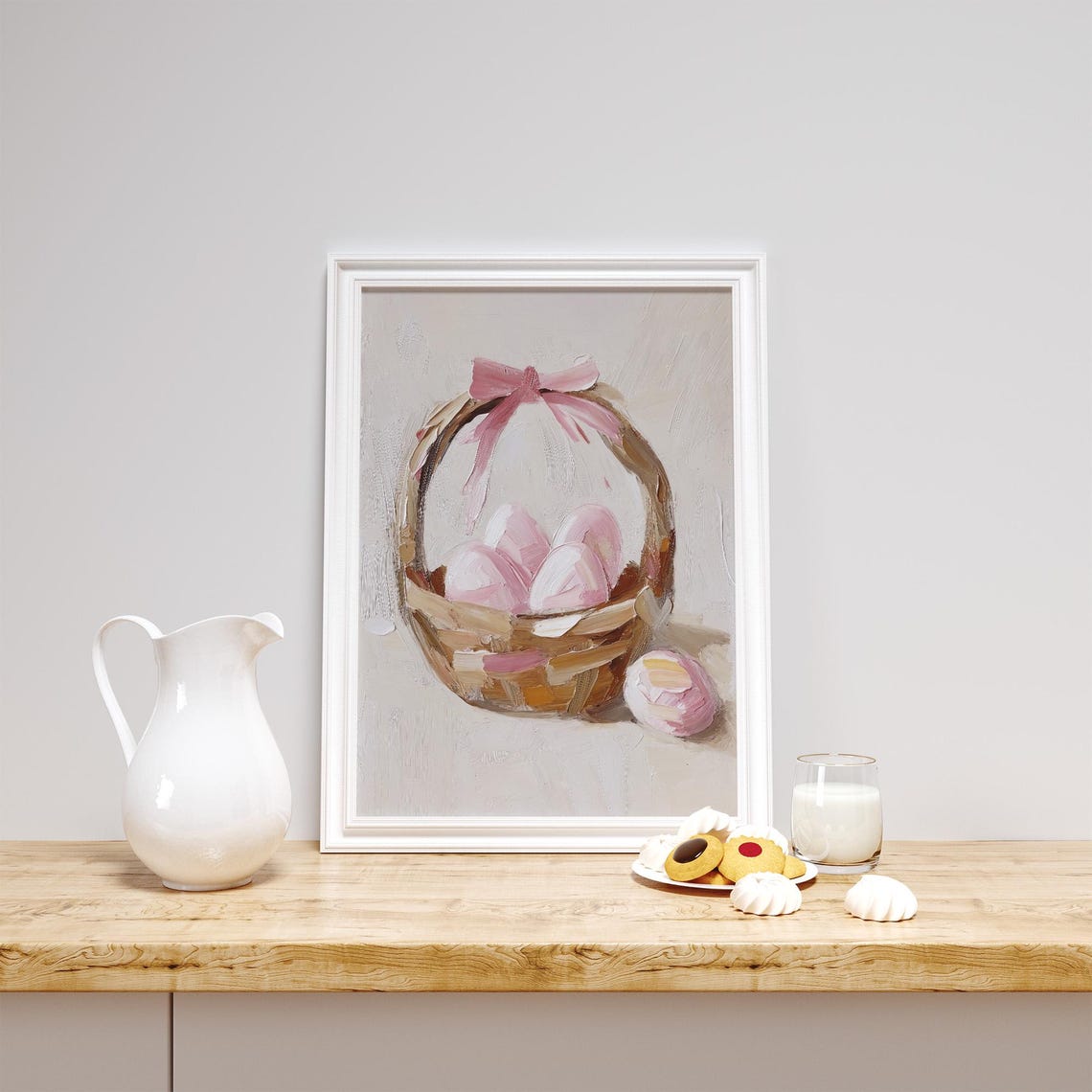 Easter Basket Pink Eggs Bow Impasto Oil Painting Spring Wall Art Print - Image 5