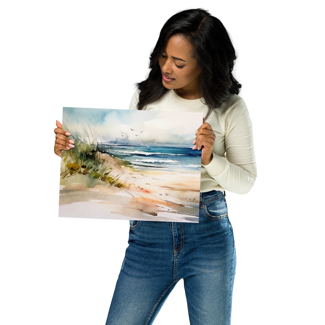 Sand Beach Watercolor Seascape, Ocean Beach Art Print - Image 2