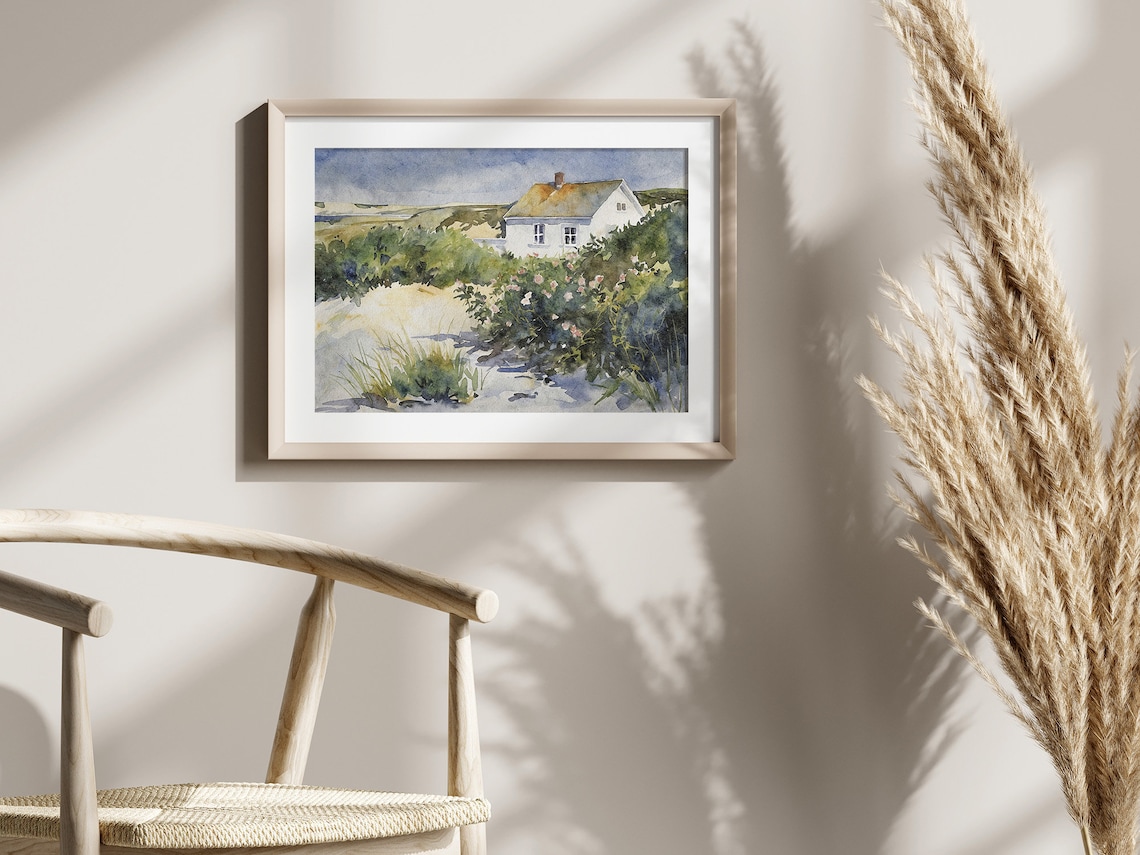 Cape Cod Watercolor Beach Scene with Wildflowers Art Print - Image 2