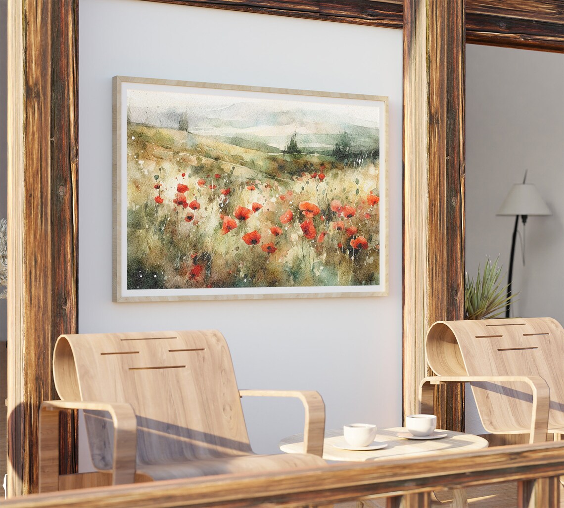 Tuscany Poppy Field Watercolor Landscape Art Print - Image 4