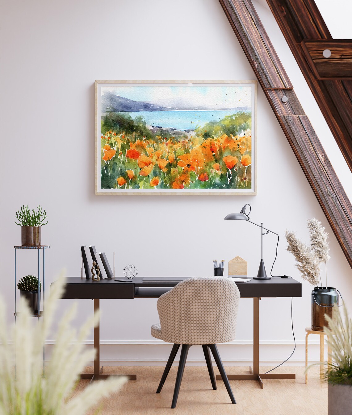 California Orange Poppies Coastal View Watercolor Wildflower Field Poster - Image 3