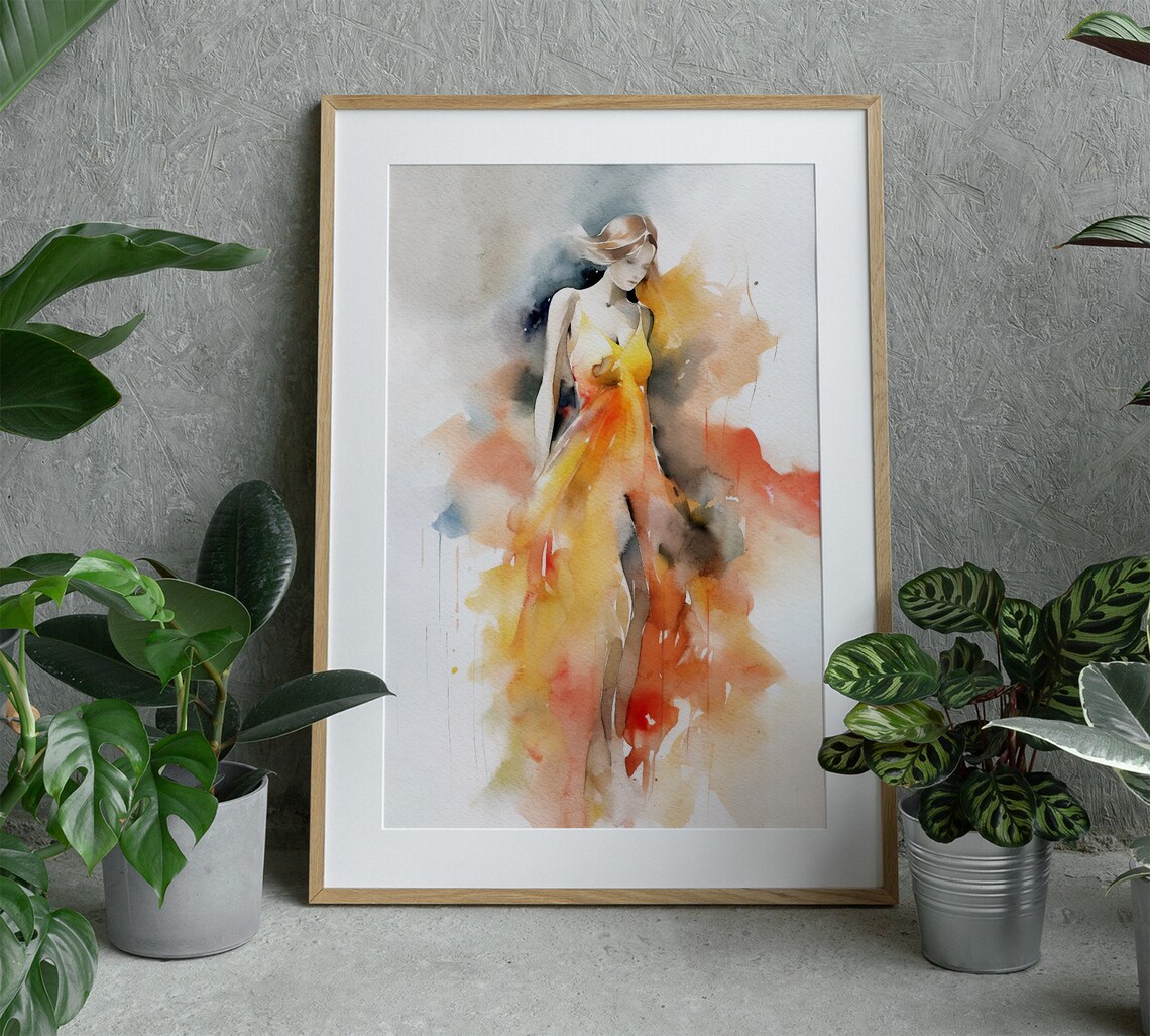 Abstract Watercolor Woman Flowing Yellow Dress Fashion Figure Art Wall Poster - Image 2