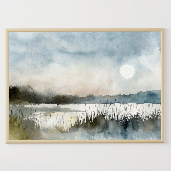 Moonlight On Lake Watercolor Painting Michigan Landscape Great Lakes Art Print Neutral Blue Beige Wall Art Minimalist Nature Poster