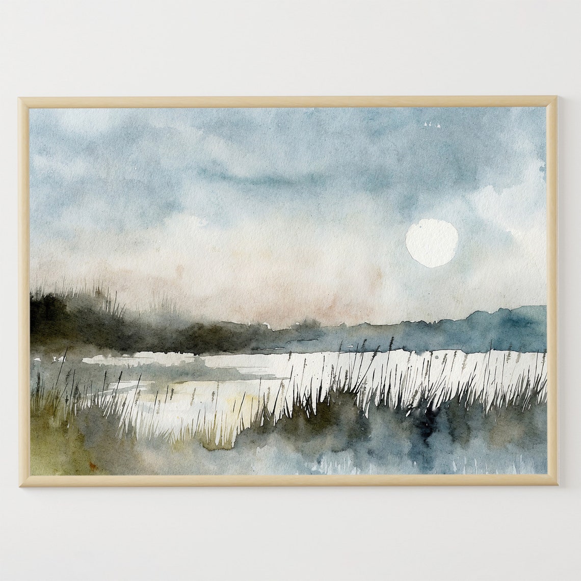Moonlit Lake Night Watercolor Full Moon Reflecting Minimalist Poster