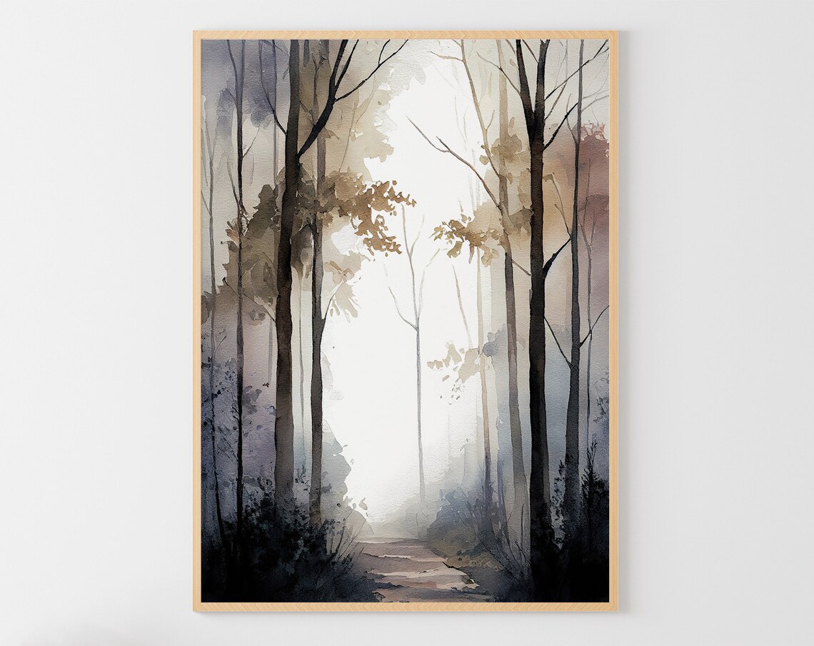 Foggy Forest Watercolor Art Print, Neutral Trees