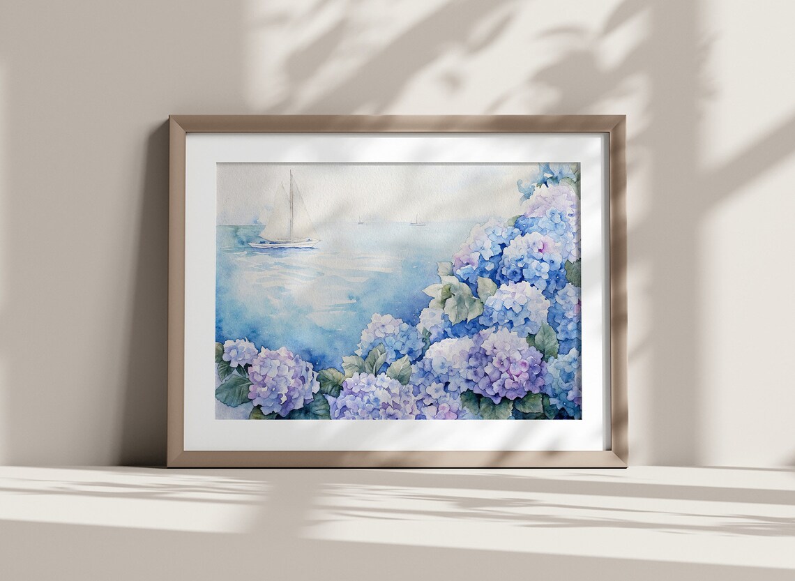 Cape Cod Sailboat Blue Hydrangeas Nautical Beach House Watercolor Poster - Image 2