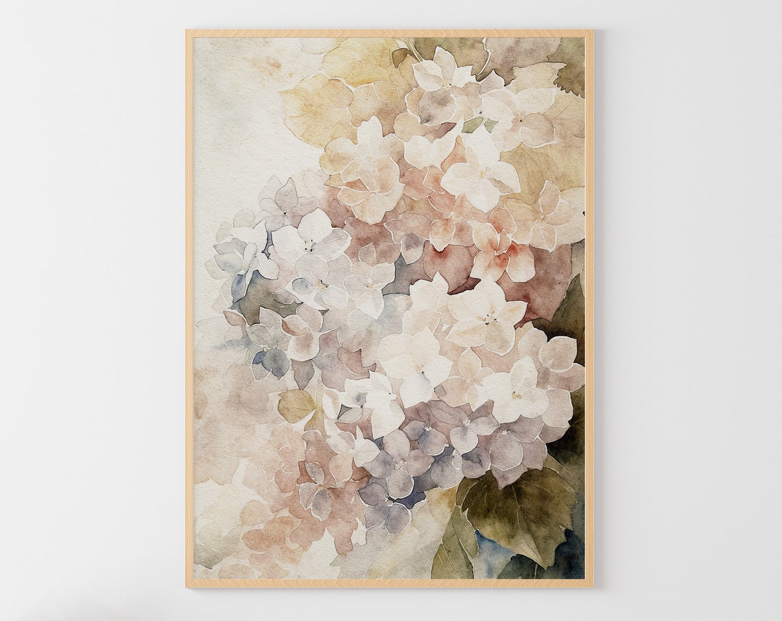 Blush White Hydrangea Blooms Soft Neutral Floral Watercolor Art Print