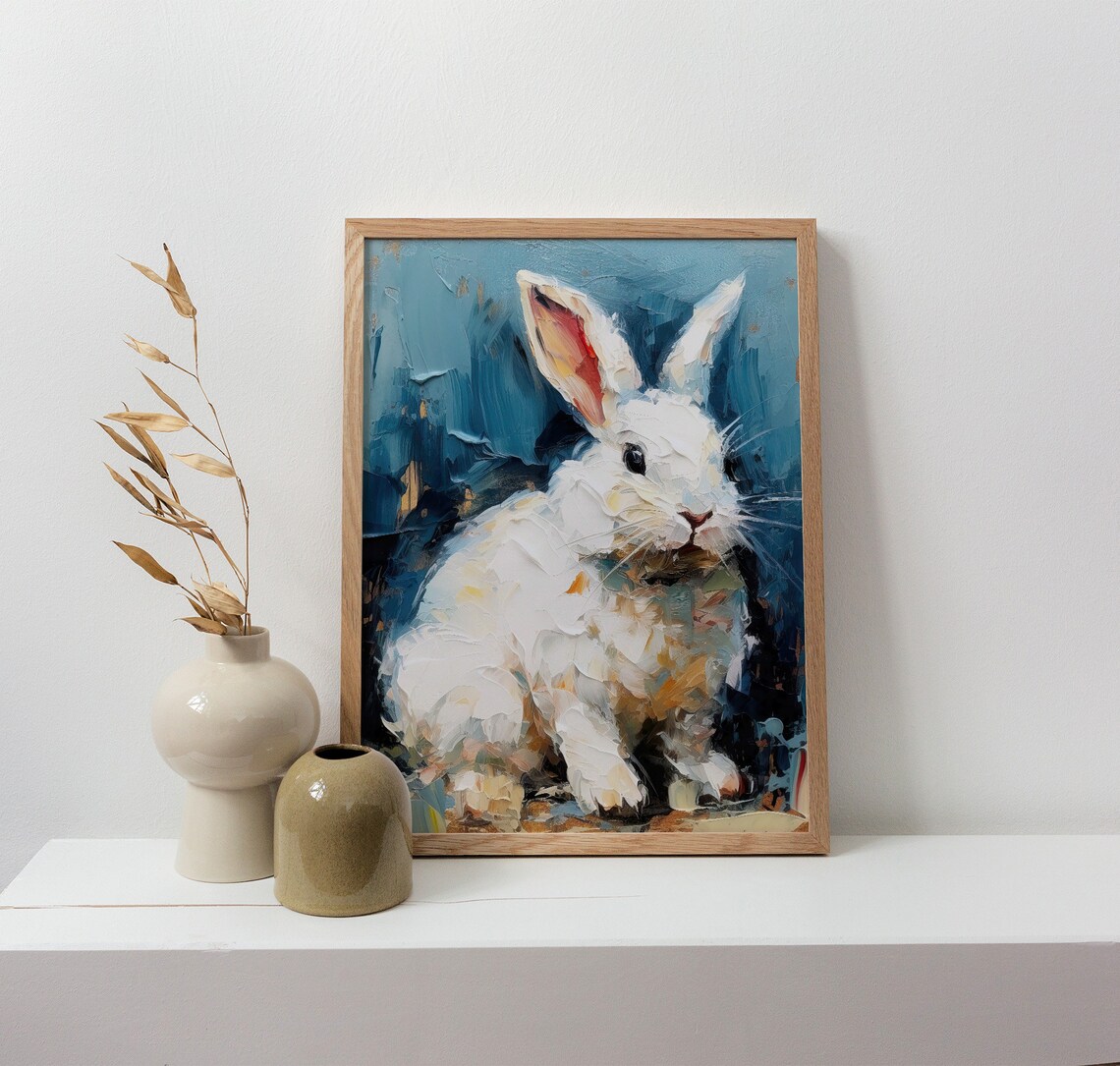 Cute Rabbit Oil Painting Art Print, White Rabbit - Image 2