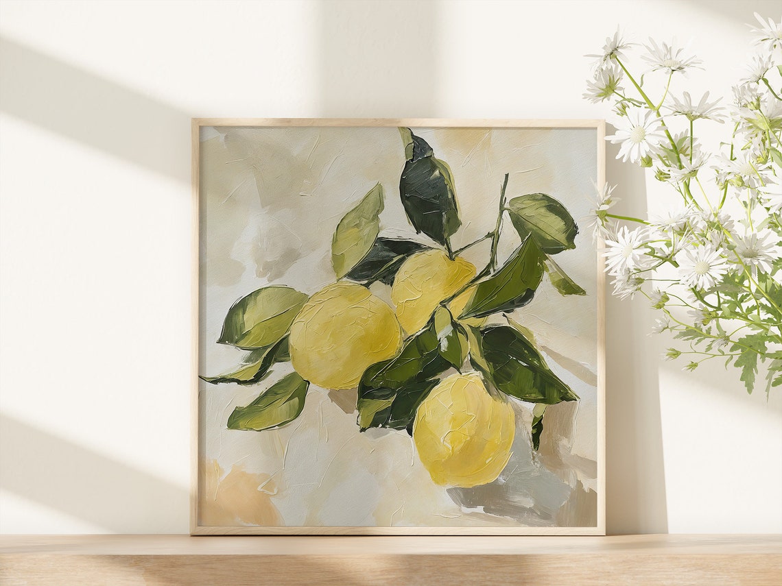 Fresh Lemons Branch Green Leaves Citrus Kitchen Oil Art Print - Image 3