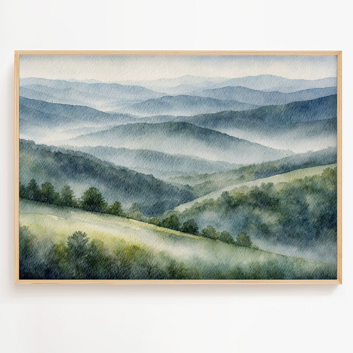 Smoky Mountains Misty Ridges Foggy Forest Watercolor Landscape Poster