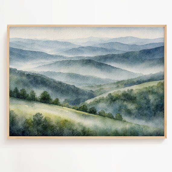 Appalachian Mountains Watercolor Art Print Smokey Mountains Painting Foggy Landscape Mountain Forest Poster