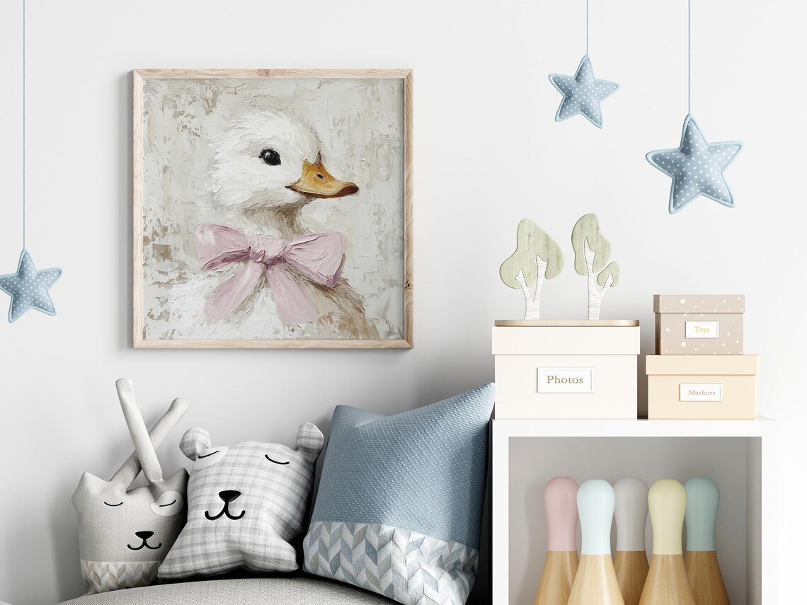 Ducky Oil Painting, Pink Bow Kids Room Art Print - Image 2