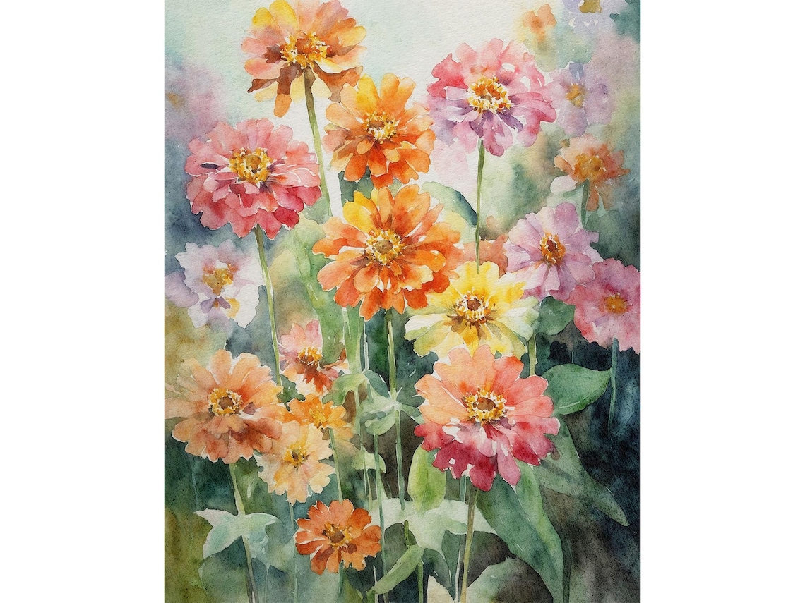 Zinnia Flowers Watercolor Pink Orange Colorful Garden Bouquet Print