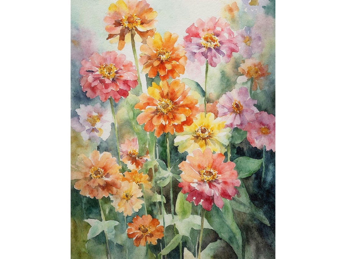 Zinnia Watercolor Art Print Flowers Painting Zinnias Wall Botanical Poster Countryside Garden Gardener Gifts